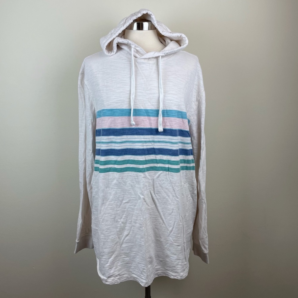 American Eagle Super Soft Standard Fit White Blue Stripe Hooded Long Sleeve Top